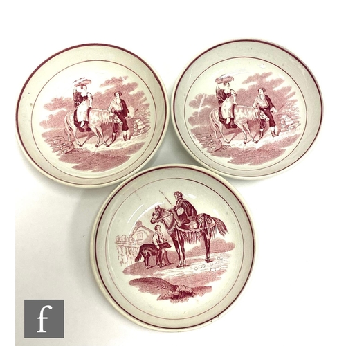 25 - A set of six 19th Century Dawson teabowls and saucers each decorated with a red and white transfer p... 