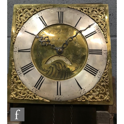 594 - A late 18th Century oak longcase clock with an associated 30-hour movement striking on a bell, the p... 