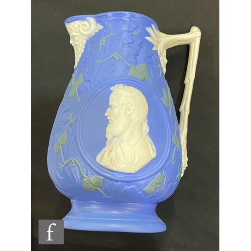 31 - Three 19th Century Samuel Alcock & Co parian jugs, the first with classical allegorical scenes t... 