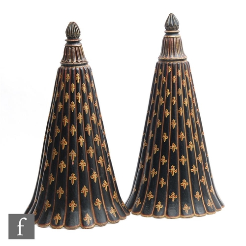 1856 - A pair of painted wooden wall lights, the scalloped and tapered lights painted in black and red with... 