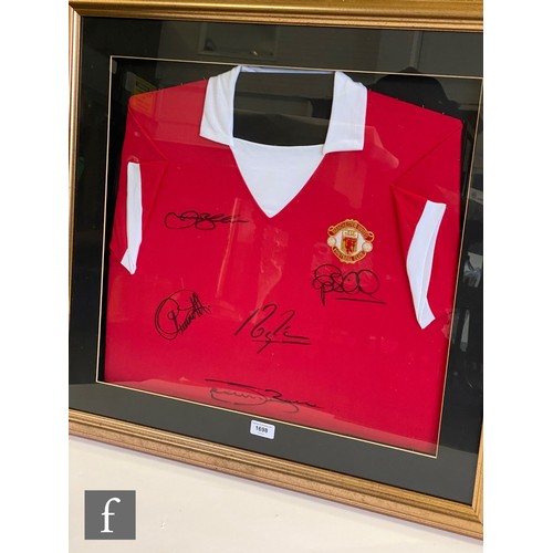 1698 - A Manchester United red and white shirt signed by five captains, Steve Bruce, Eric Cantona, Peter Sc... 