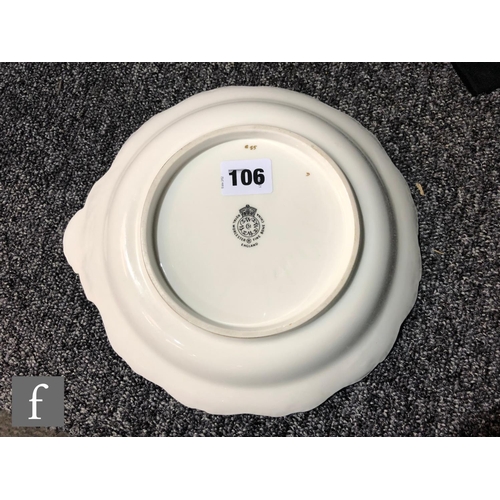 106 - A Royal Worcester Fallen Fruits scallop edge dish with moulded shell handle decorated by Ayrton with... 