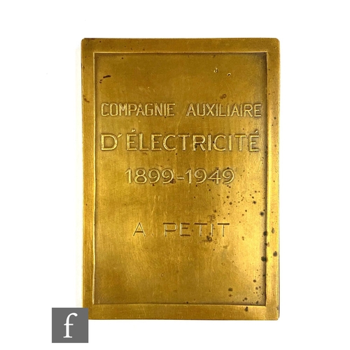 651 - Vriens - A French bronze rectangular plaque L'Effort,  depicting a man punting, length 7cm, width 5c... 