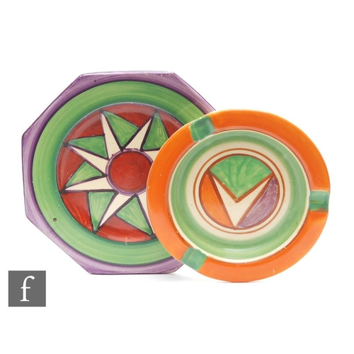 359 - Clarice Cliff - Original Bizarre - A small octagonal side plate radially decorated with a stylised s... 