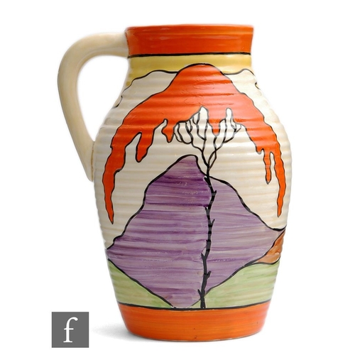 218 - Clarice Cliff - Mountain - A single handled Lotus jug circa 1930, hand painted with a continuous lan... 