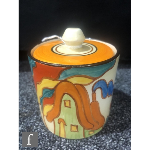 298 - Clarice Cliff - Green House - A drum shaped preserve circa 1931, hand painted with a double images s... 