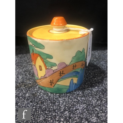 299 - Clarice Cliff - Orange Roof Cottage - A drum shaped preserve pot and cover circa 1932, hand painted ... 