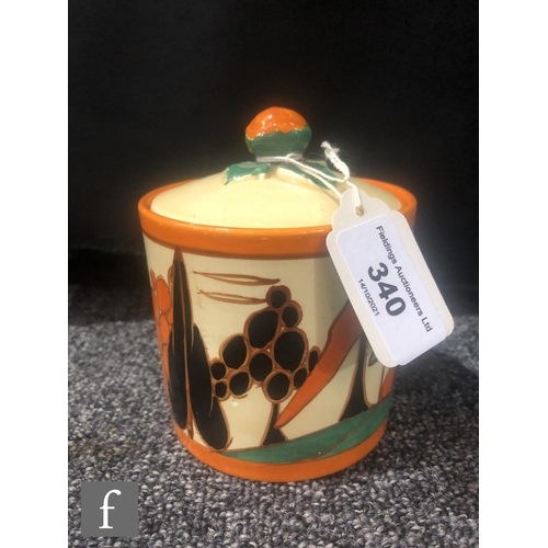 340 - Clarice Cliff - Orange Trees & House - A large size drum shaped preserve pot and cover circa 193... 