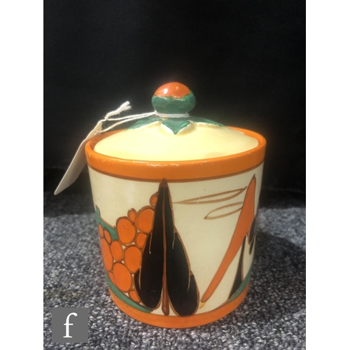 340 - Clarice Cliff - Orange Trees & House - A large size drum shaped preserve pot and cover circa 193... 