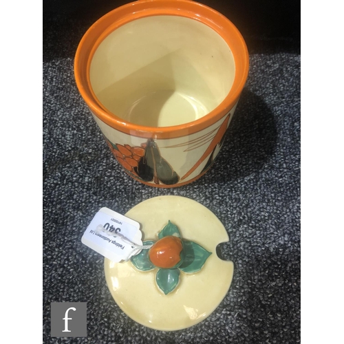 340 - Clarice Cliff - Orange Trees & House - A large size drum shaped preserve pot and cover circa 193... 