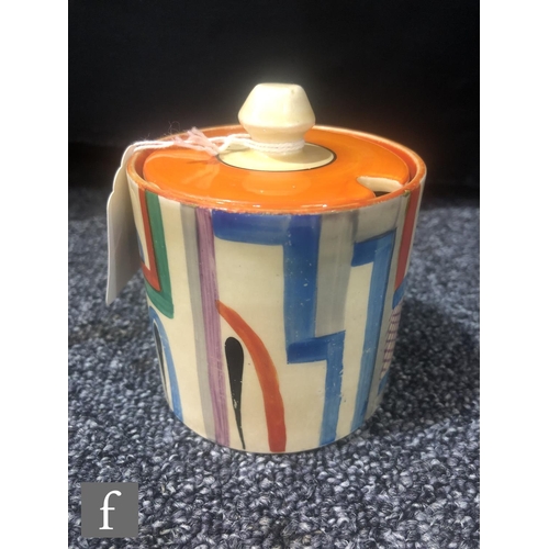 378 - Clarice Cliff - Tennis - A drum shaped preserve pot and cover circa 1930, hand painted with a stylis... 