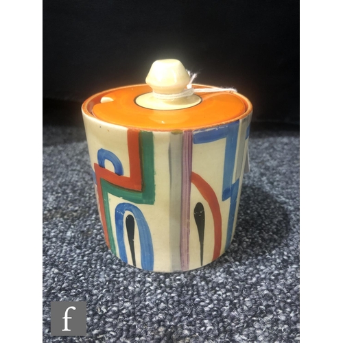 378 - Clarice Cliff - Tennis - A drum shaped preserve pot and cover circa 1930, hand painted with a stylis... 