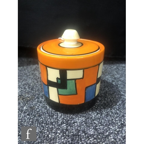 379 - Clarice Cliff - Mondrian - A drum shaped preserve pot and cover circa 1929, hand painted with an int... 