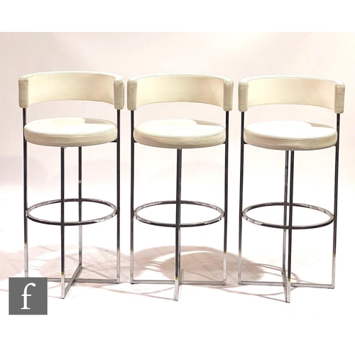 1507 - Giuseppe Viganò for Porada - A set of three 'Sirio' white leather and chrome bar stools, the rounded... 