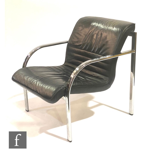 1508 - Dauphin Furniture, Germany - A black leather armchair with chromium plated flattened tubular frame, ... 