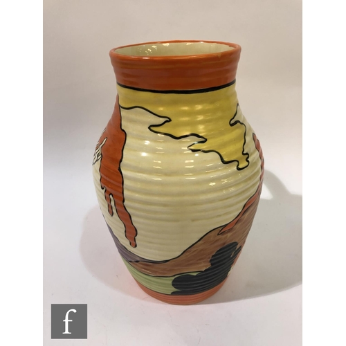 218 - Clarice Cliff - Mountain - A single handled Lotus jug circa 1930, hand painted with a continuous lan... 