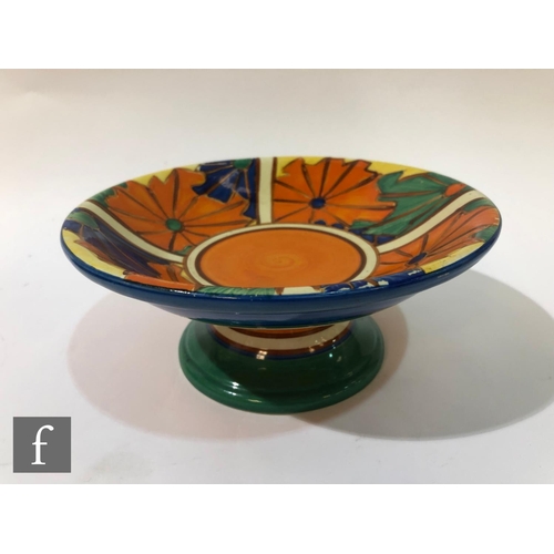 346 - Clarice Cliff - Umbrellas - A shallow circular pedestal taza circa 1929, hand painted with four pane... 