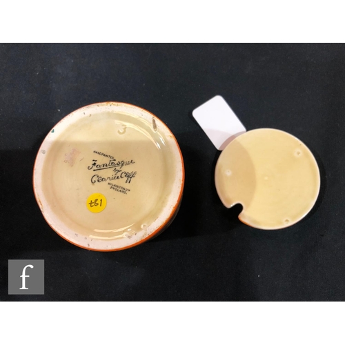 373 - Clarice Cliff - Broth - A drum shaped preserve and cover circa 1929, hand painted with a sunburst an... 