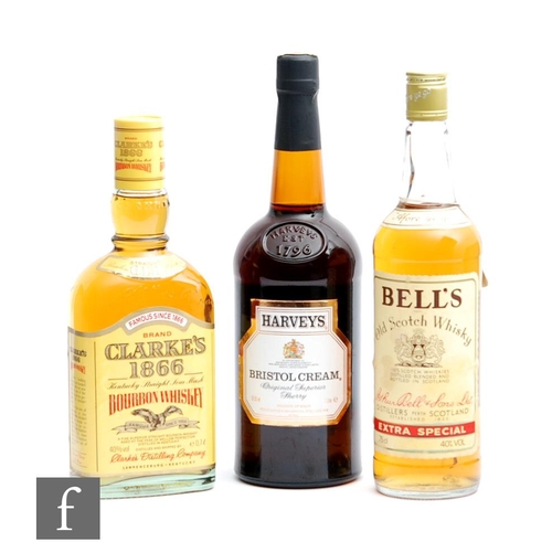 763 - A bottle of Clarkes 1866 Bourbon whiskey, 70cl, a bottle of Bell’s, 75cl, and litre bottle of Harvey... 