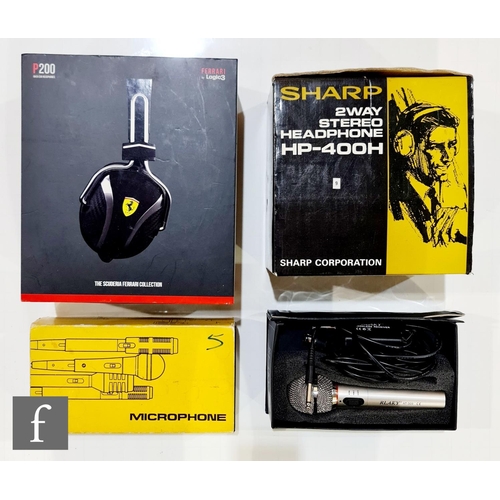 156 - A collection of 1980s and later headphones and microphones, to include a pair of Ferrari Scuderia P2... 