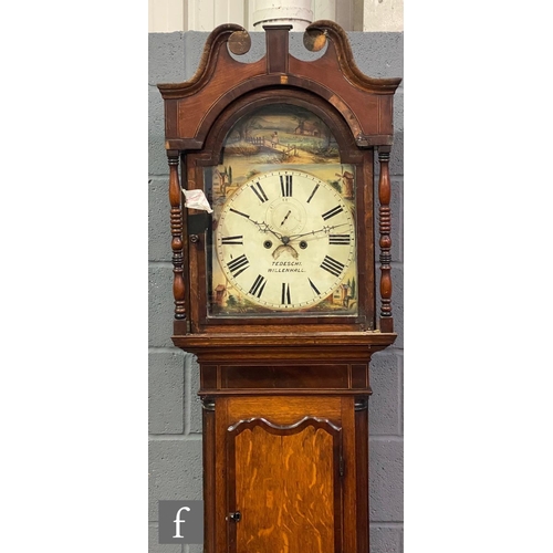 1147 - A 19th Century oak and mahogany longcase clock with eight day striking movement, painted arch dial b... 