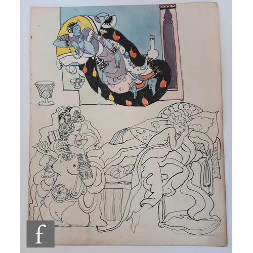 370 - Albert Wainwright (1898-1943) - A pen, ink and watercolour sketch of a reclining Buddhist bodhisattv... 