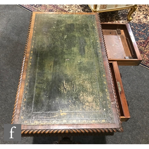 1155 - A 19th Century small mahogany library table fitted with two short drawers below a green leather inse... 