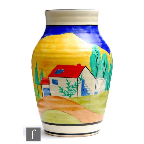 119 - Clarice Cliff - Applique Lugano - An Isis vase circa 1930, hand painted with a stylised landscape wi... 