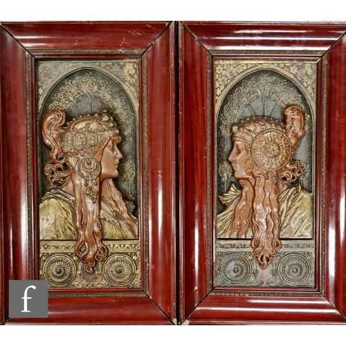 12 - After Alphonse Mucha - A pair of mixed metal sectional wall panels, each modelled in high relief wit... 