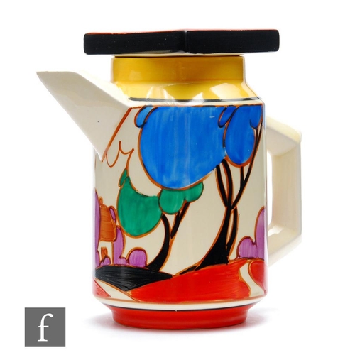 121 - Clarice Cliff - Blue Autumn - A small size Eton coffee pot of cylindrical form with angular handle a... 