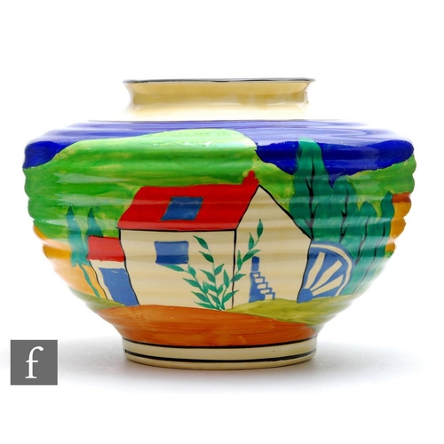 122 - Clarice Cliff - Applique Lugano - A large shape 356 Kidney vase circa 1930, hand painted with a styl... 