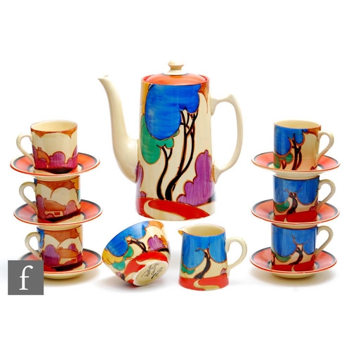 125 - Clarice Cliff - Blue Autumn - A Tankard shape coffee set comprising coffee pot, milk, sugar and six ... 