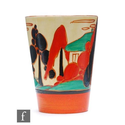 132 - Clarice Cliff - Red Trees & House - A beaker circa 1930, hand painted with a stylised tree and c... 