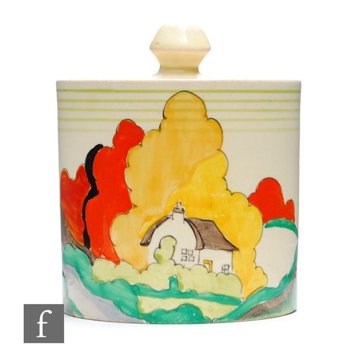 149 - Clarice Cliff - Lorna - A Drum shaped preserve pot and cover circa 1936, hand painted with a stylise... 