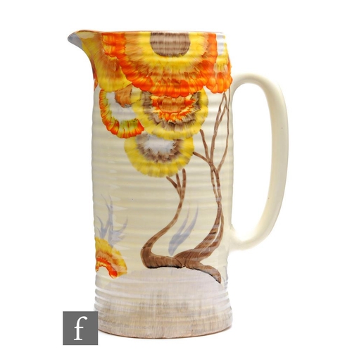 150 - Clarice Cliff - Rhodanthe - A large ribbed lemonade or beer jug circa 1934, hand painted with a styl... 