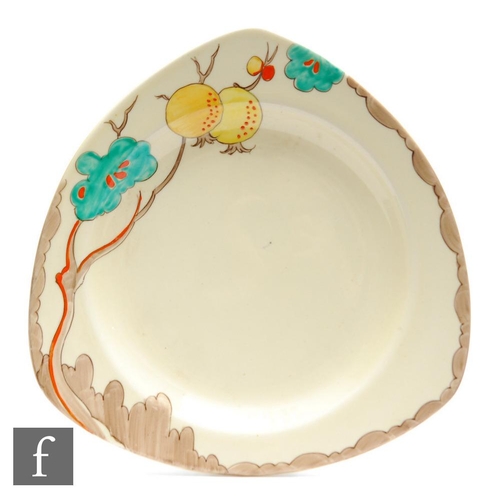 155 - Clarice Cliff - Passion Fruit - A Trieste shape plate circa 1936, hand painted with a stylised fruit... 