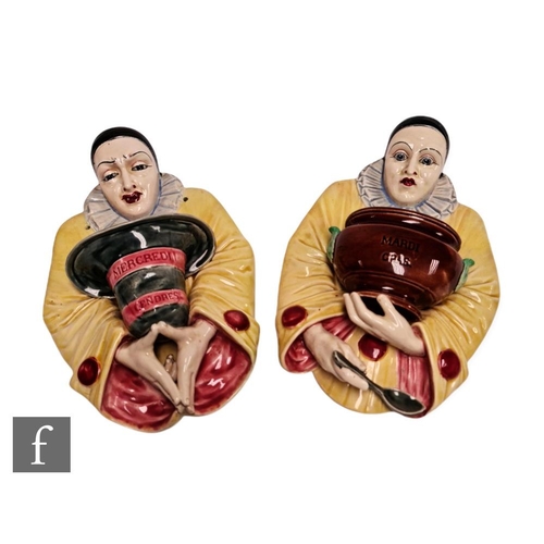 16 - Sarreguemines - A pair of late 19th Century majolica wall pockets modelled as Pierrot, one marked Ma... 