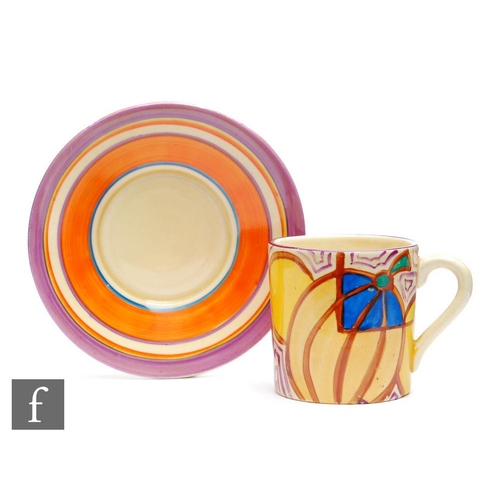 177 - Clarice Cliff - Melon - A Tankard shape coffee can and saucer circa 1930, hand painted with a band o... 