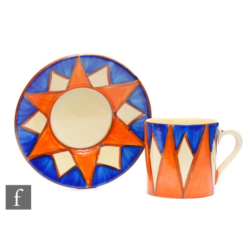 187 - Clarice Cliff - Original Bizarre - A Tankard shape coffee can and saucer circa 1928, hand painted wi... 