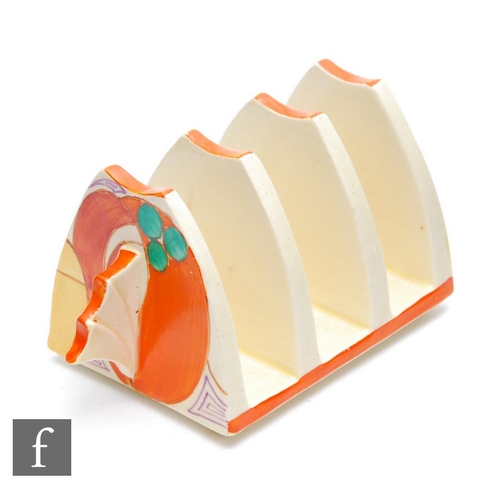 193 - Clarice Cliff - Melon - A large Daffodil shape four bar toast rack circa 1930, hand painted to each ... 