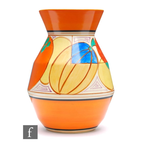 195 - Clarice Cliff - Melon - A shape 360 vase circa 1930, hand painted with a band of abstract fruit betw... 