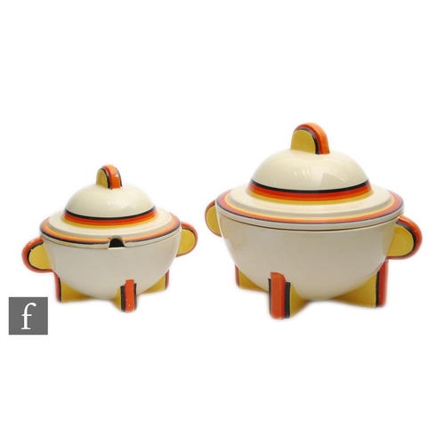 206 - Clarice Cliff - Banded - A pair of graduated Odilon shape tureens and covers, both hand painted with... 