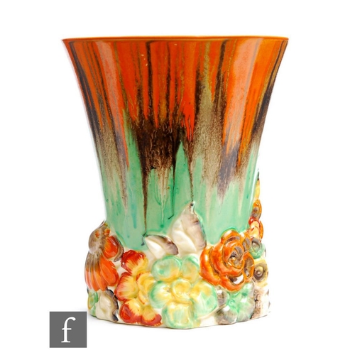 212 - Clarice Cliff - My Garden (Flame) - A shape 675 vase circa 1936, the base relief moulded with flower... 