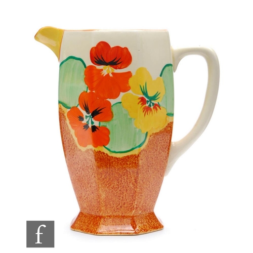 253 - Clarice Cliff - Nasturtium - A large Athens shape water jug circa 1932, hand painted with a band of ... 