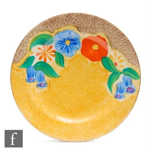 266 - Clarice Cliff - Canterbury Bells - A small circular side plate circa 1932, hand painted with a band ... 