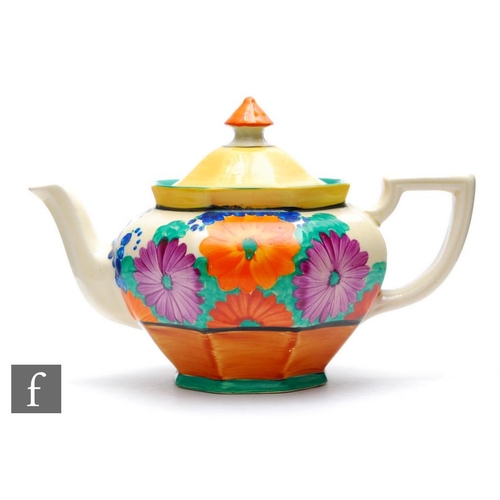 276 - Clarice Cliff - Gay Day - A small Athens shape teapot and cover circa 1930, hand painted with a band... 