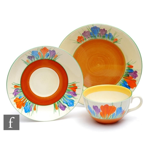 279 - Clarice Cliff - Crocus - A composed Globe shape cup, saucer and side plate hand painted with Crocus ... 