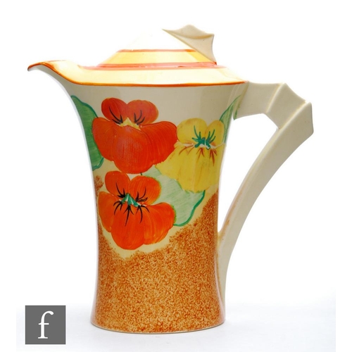 286 - Clarice Cliff - Nasturtium - A Daffodil shape coffee pot circa 1936, hand painted with flowers and f... 