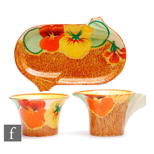 288 - Clarice Cliff - Nasturtium - A shape 486 Daffodil strawberry or cream and sugar set circa 1932, hand... 