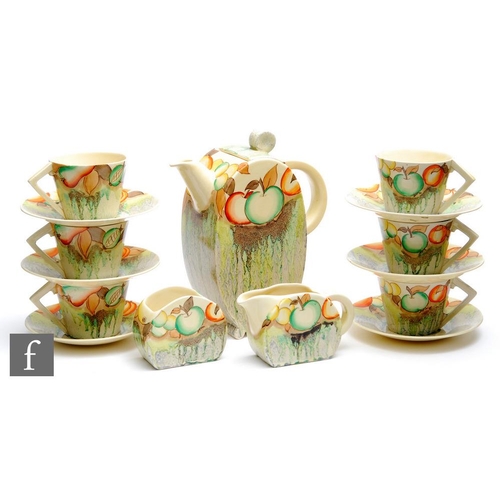 294 - Clarice Cliff - Delecia Pears - A Bon Jour shape coffee set circa 1936, hand painted with a band of ... 